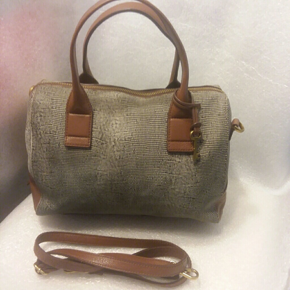 Fossil Satchel Black Fabric Snake Print w/Brown